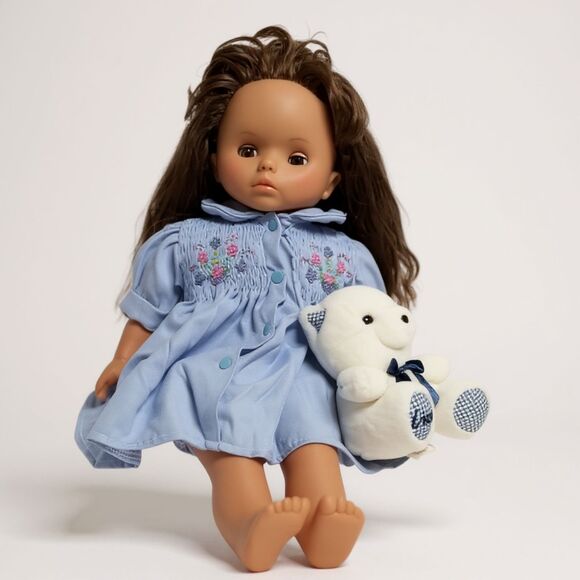 Other - Vintage Lisse Doll Blue Smocked Dress Teddy Bear 15" Soft Toy Missing Lashes